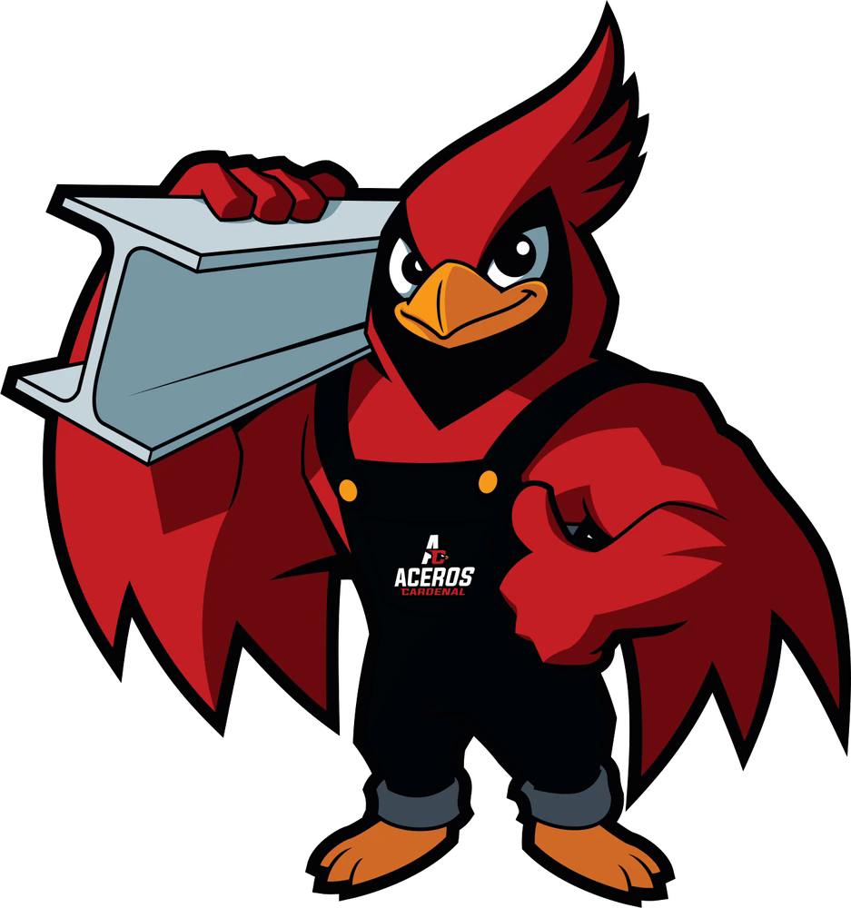 Cardenal, la mascota de Aceros Cardenal, con una viga al hombro